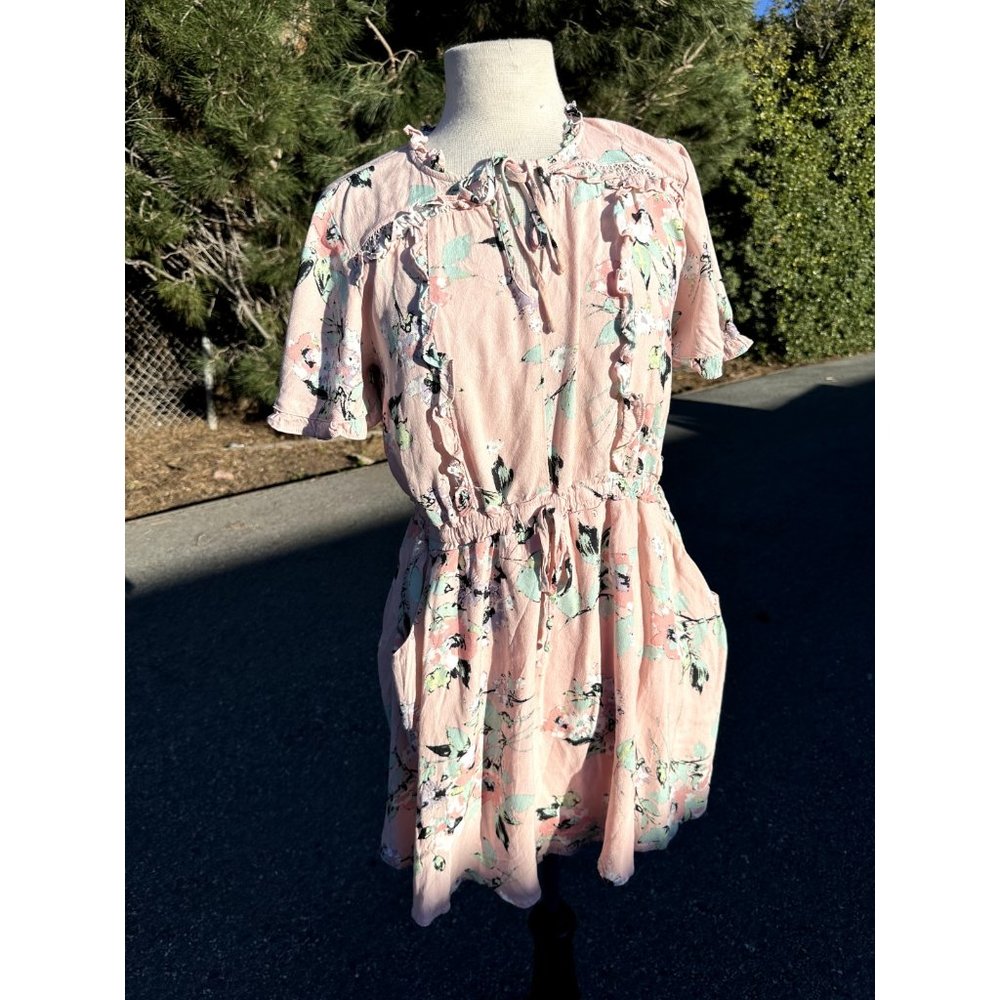 Crystal Doll Dress Large Pink Floral Ruffled V Neck Short Sleeve Bohemian Womens
